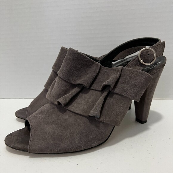 Tibi New York Women's Gray Suede Leather Ruffle High Heel Sandals Size 8.5 B - Picture 2 of 9